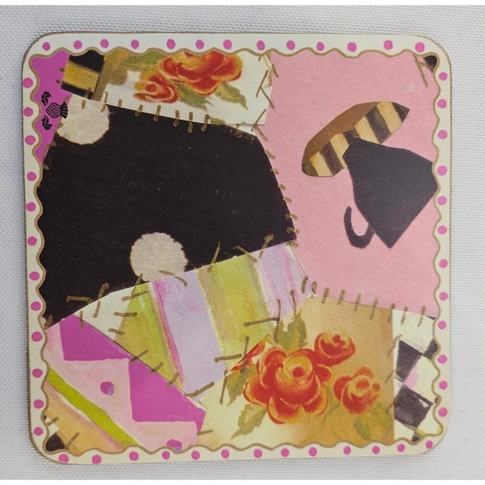 MacKenzie-Childs Set of 4 Collage Patchwork Cork Back Coasters Pink‎ Polka Dot